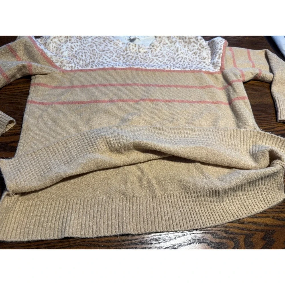 beachlunchlounge‎ Collection Leopard Print Striped Sweater Women's XL Tan Pink